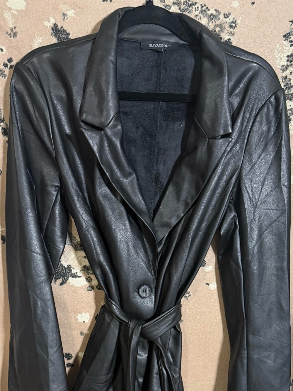 OLIVACEOUS Black Faux Leather Belted Blazer Jacket L